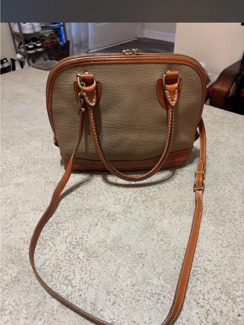 Dooney & Bourke vintage AWL Taupe Pebbled Leather Satchel with Brown Trim